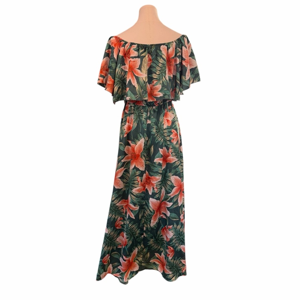 Cupshe Tropical Floral Maxi Dress Green Orange Ruffle Off Shoulder Large Boho - Picture 2 of 15